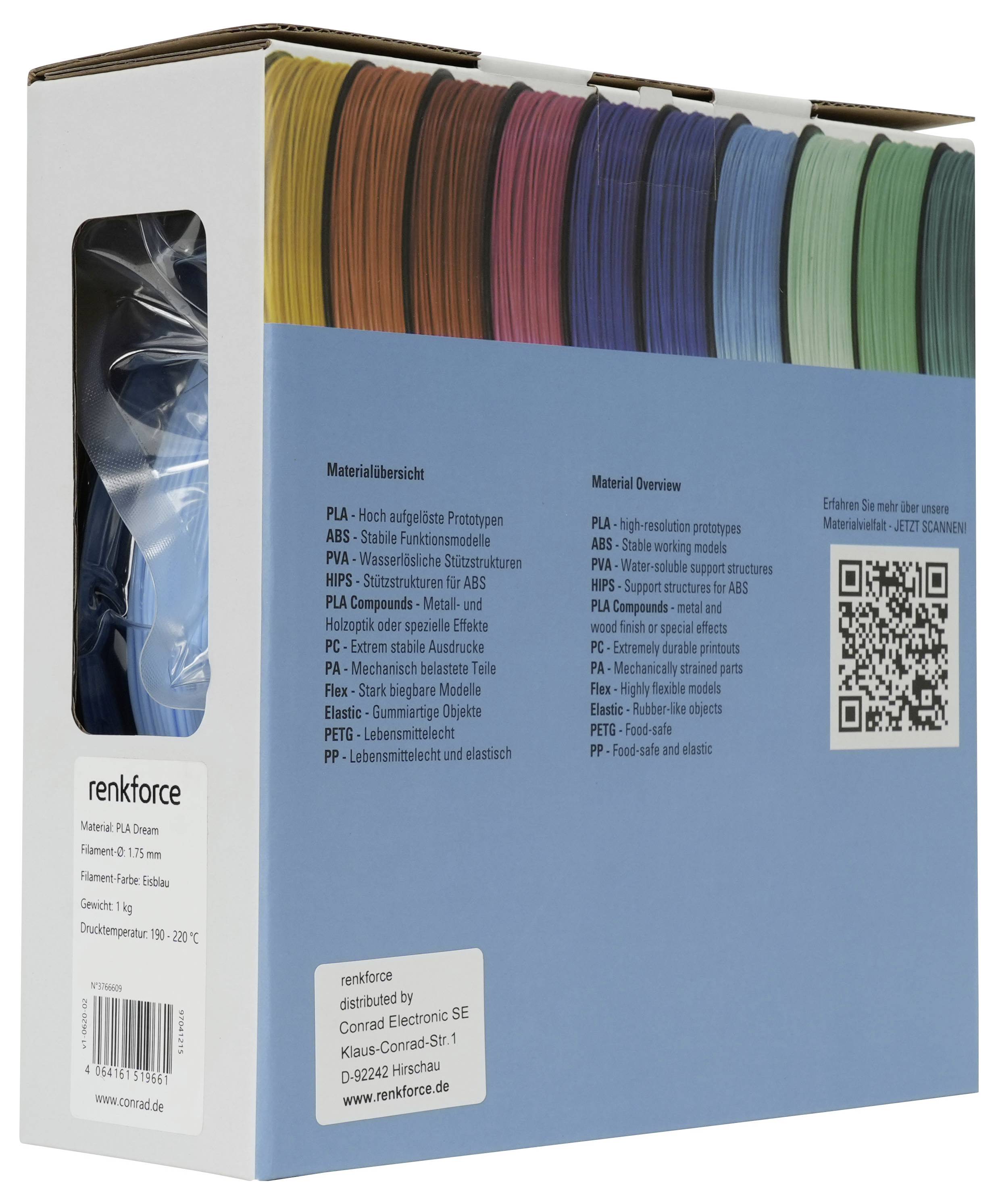 Karton mit renkforce PLA/PETG 3D-Drucker-Filamentspulen in assotierten Farben, mit Materialübersicht und QR-Code auf der Vorderseite.