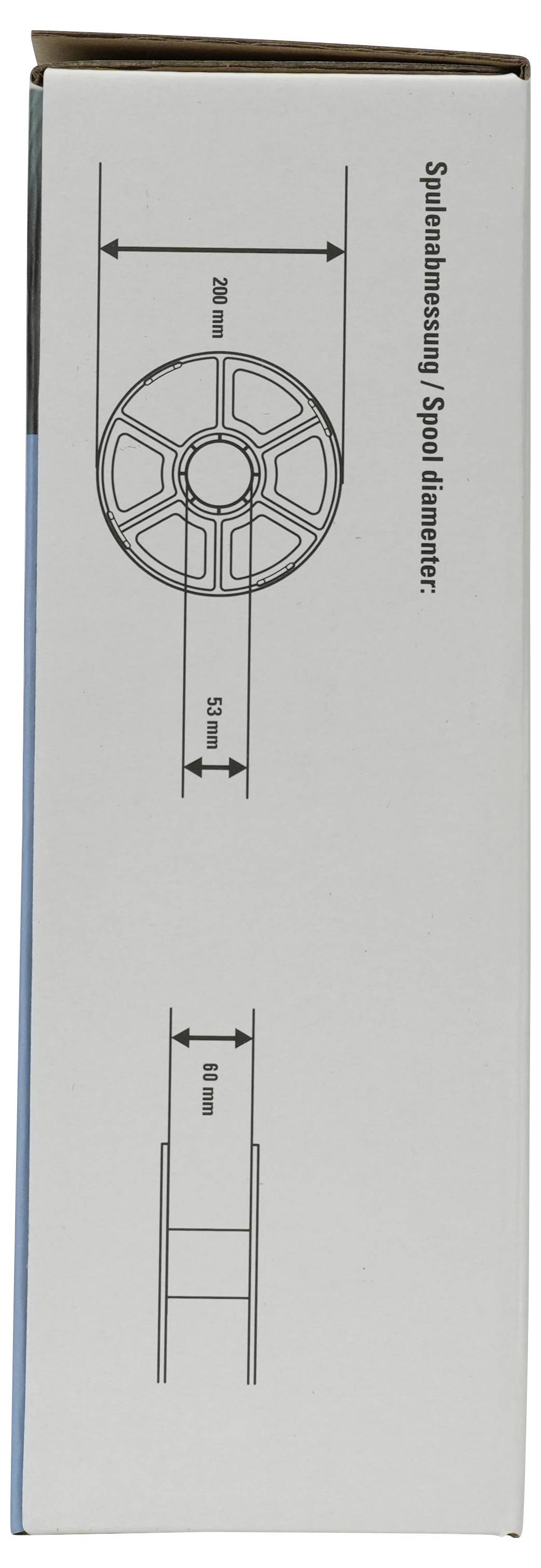 Produktkartondiagramm zeigt Spulenabmessungen: 'Spulenabmessung / Spulendurchmesser' mit 300 mm Durchmesser und 90 mm Höhe