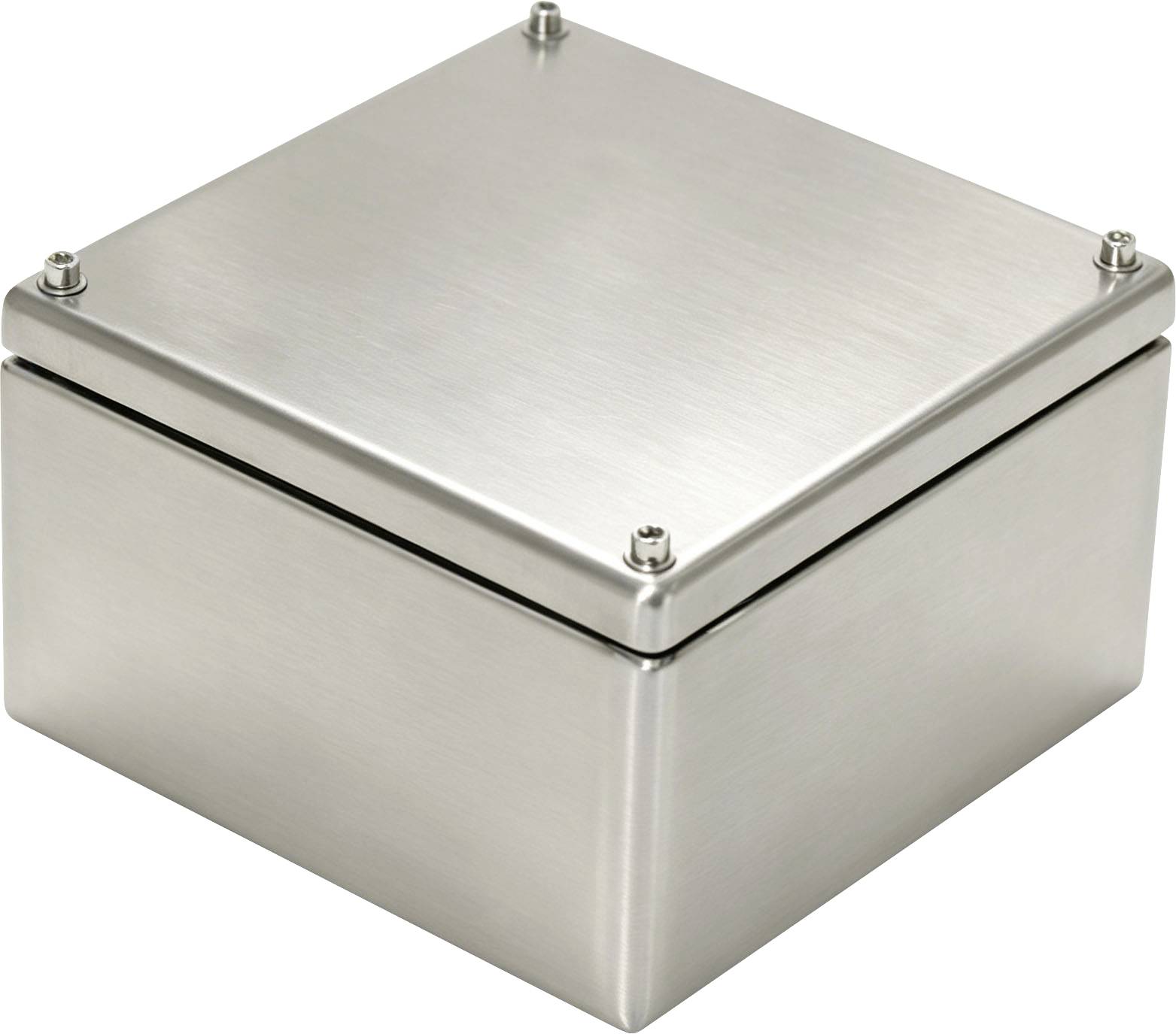Edelstahlmetallgehäusebox mit gesichertem Deckel und Eckschrauben auf weißem Hintergrund.