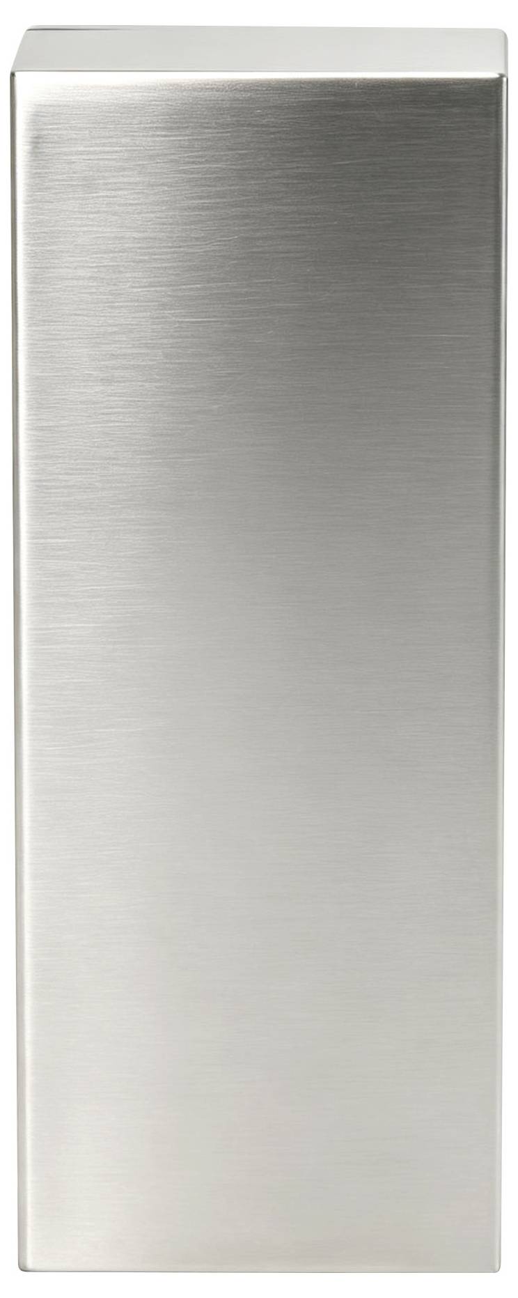 Ein gebürstetes Edelstahlrechteckpanel mit einer schlichten, minimalistischen Oberfläche und abgerundeten Kanten.