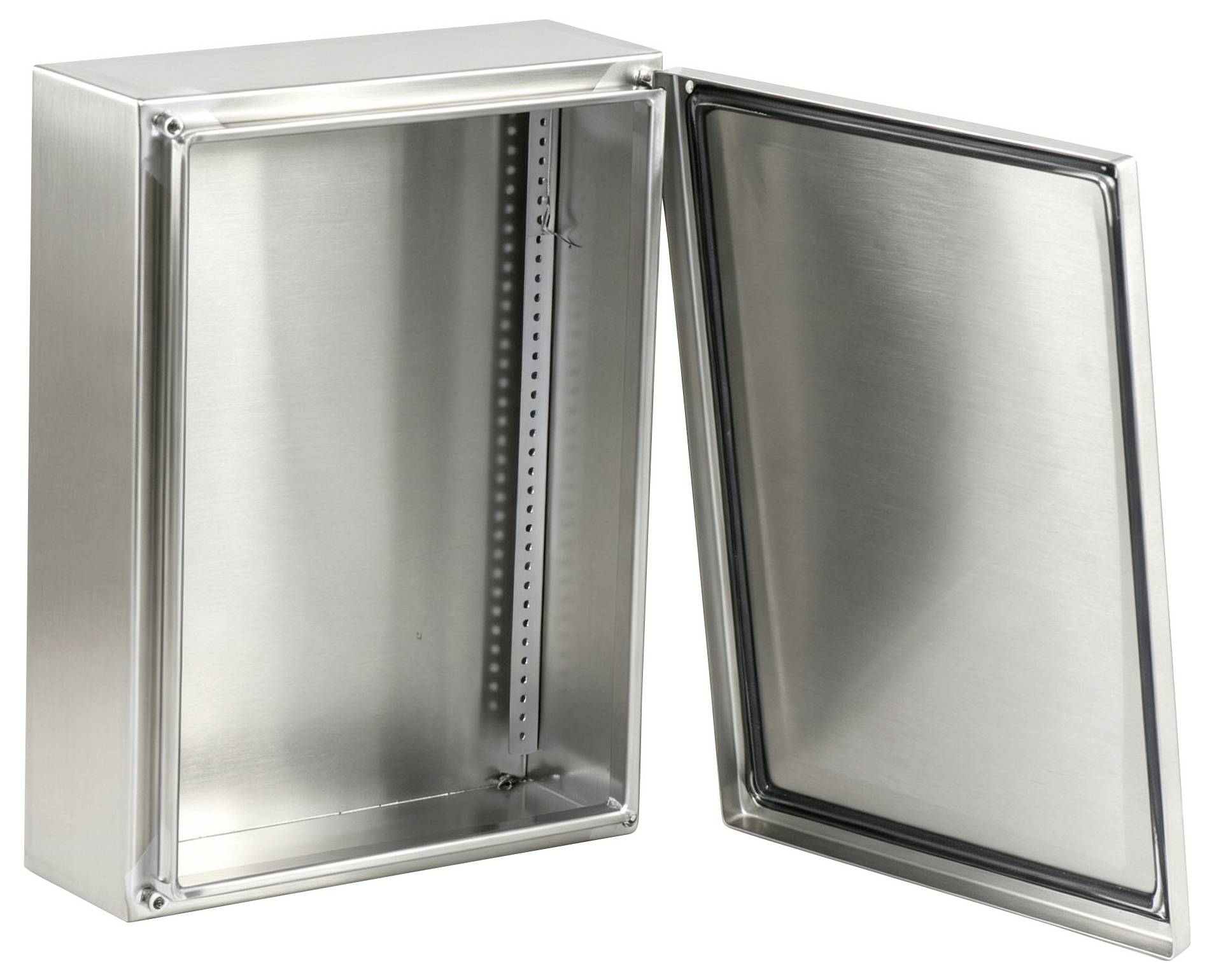 Edelstahlgehäuse für Elektrik mit offener Tür, zeigt das leere Innere und das Scharniersiegel.
