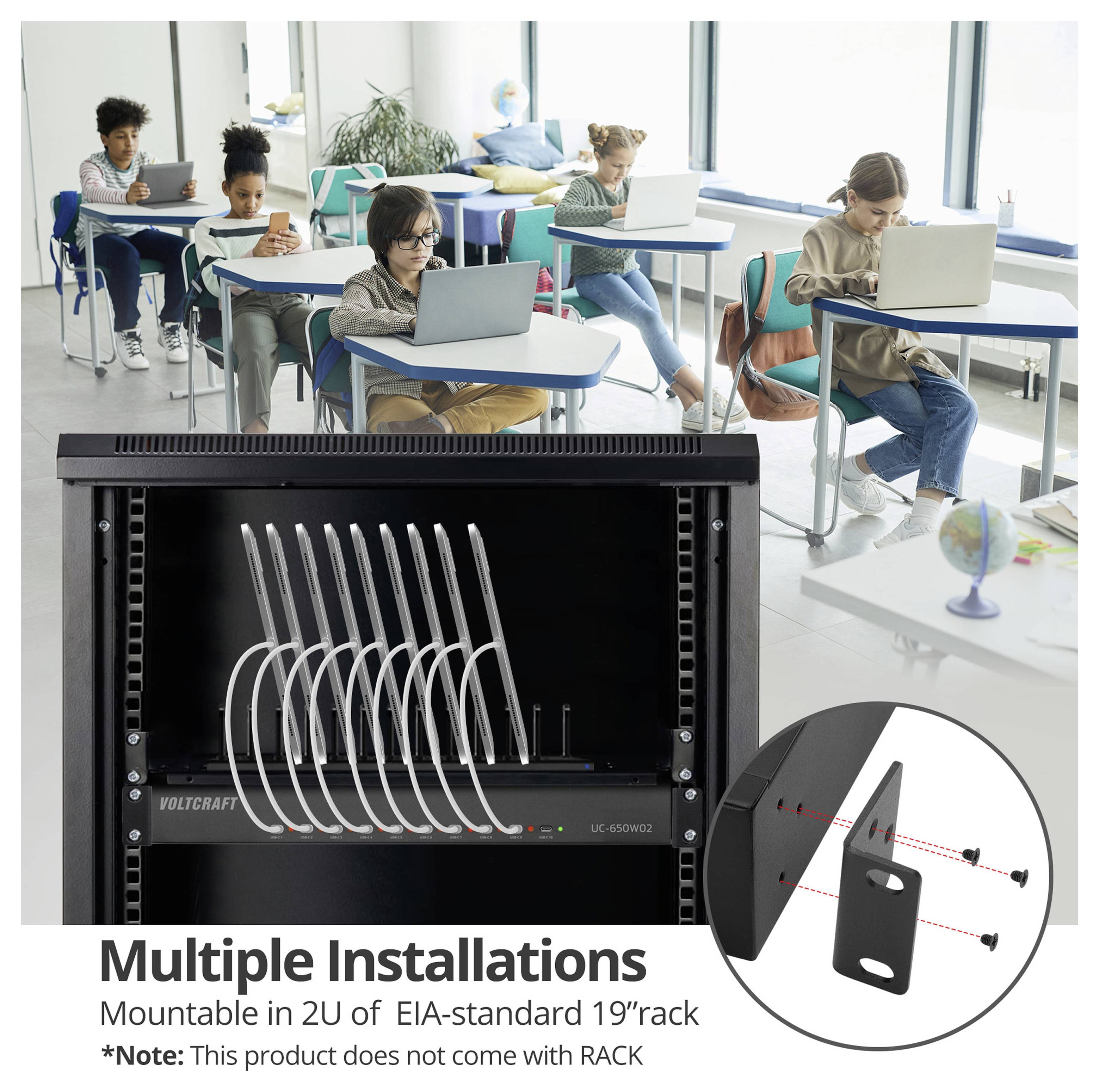 Mehrere Schüler nutzen Laptops in einem Klassenzimmer über einem Rack-Mount-Panel mit mehreren Kabelschlitzen; die Einfügung zeigt eine Montageklammer.