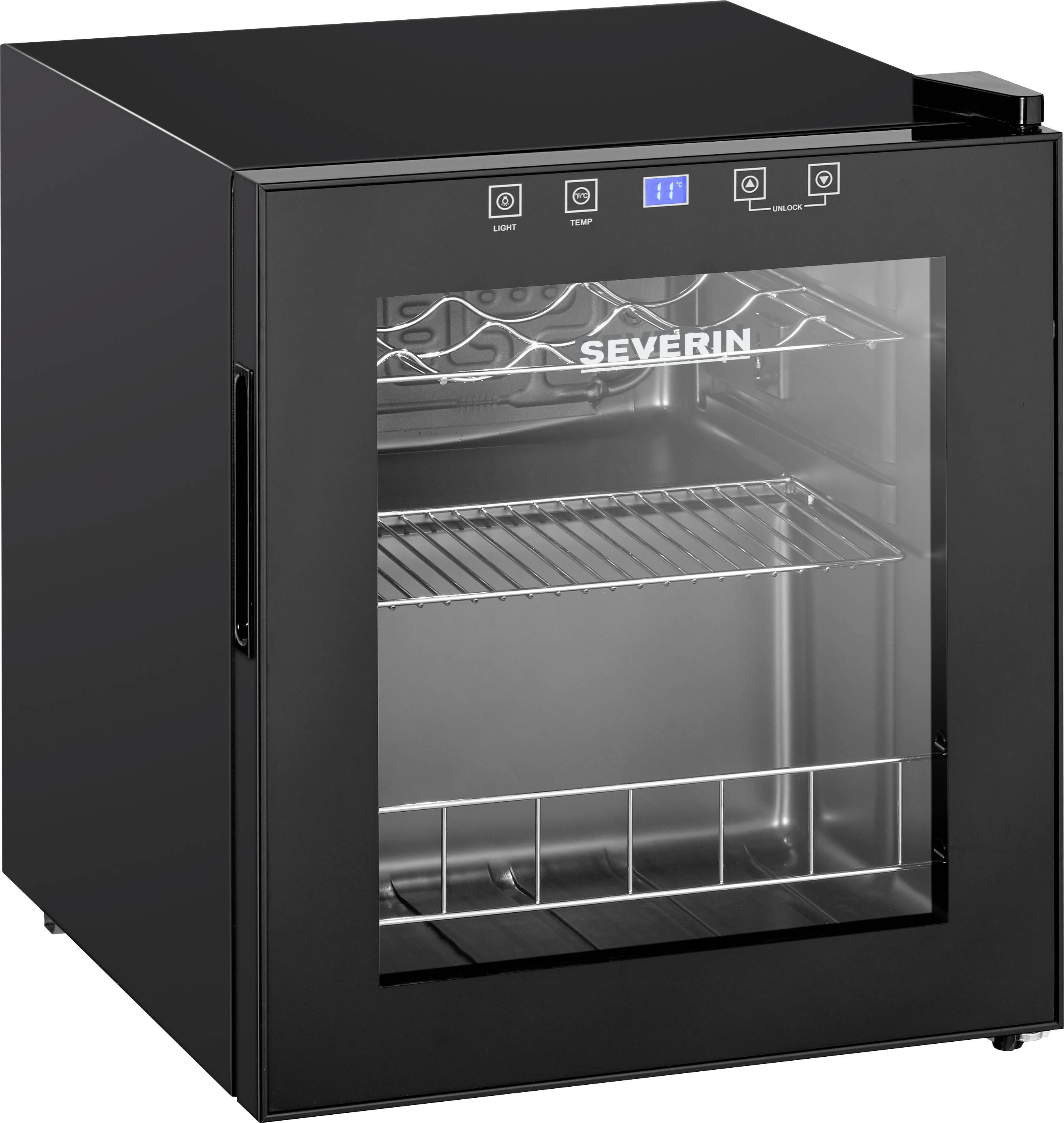 Schwarzer Severin Untertisch-Weinkühler mit Glastür, digitalen Steuerelementen und Metallregalen im Inneren.