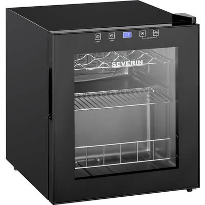 Schwarzer Severin Untertisch-Weinkühler mit Glastür, digitalen Steuerelementen und Metallregalen im Inneren.