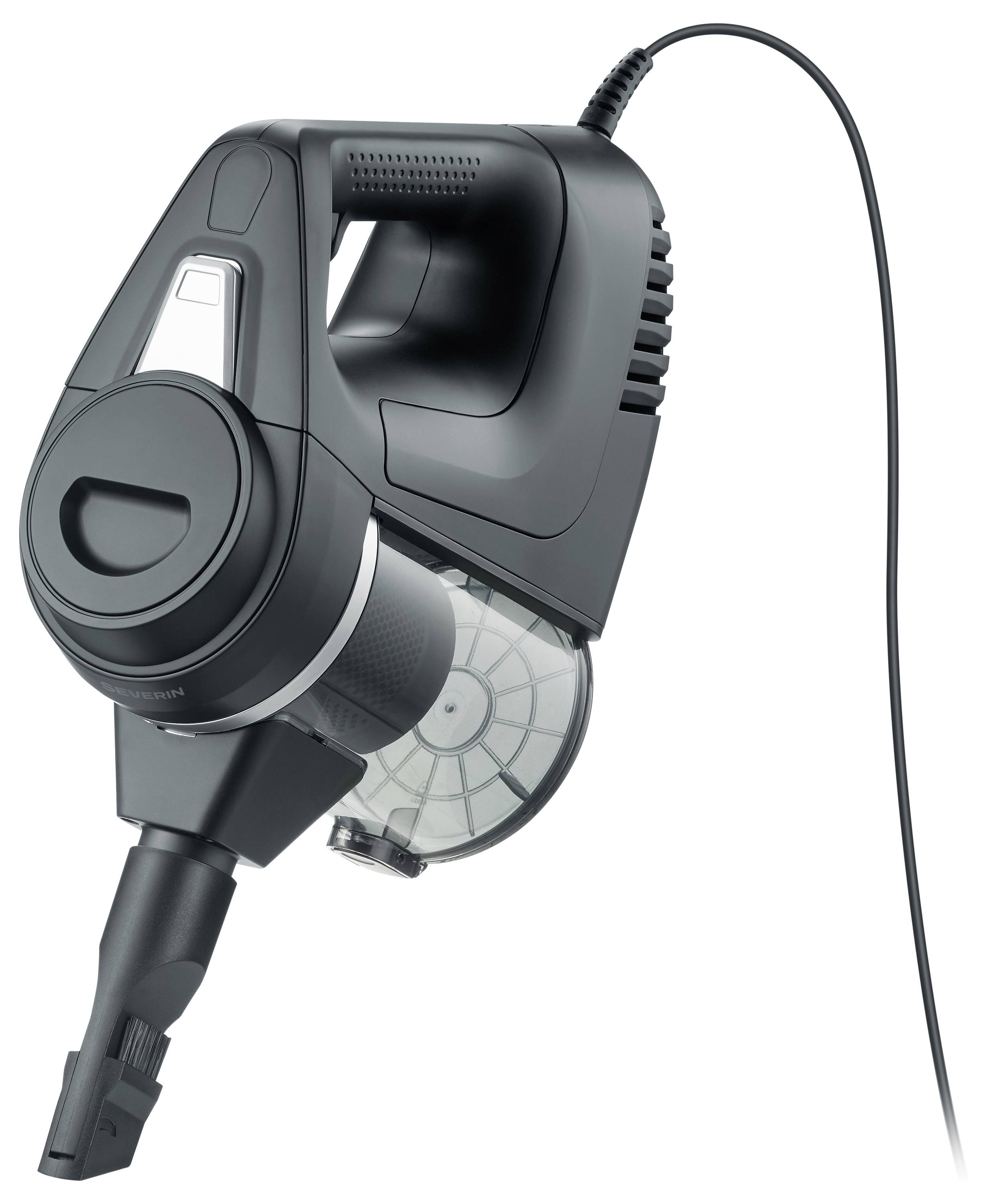Schwarzer tragbarer Staubsauger mit Kabel, auf weißem Hintergrund abgebildet, in einem Winkel positioniert, um den Staubbehälter und die Düse zu zeigen.