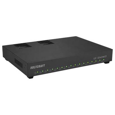 Schwarze VOLTCRAFT UC-1040W01 Rackeinbaueinheit mit mehreren grünen Status-LEDs auf der Frontplatte.