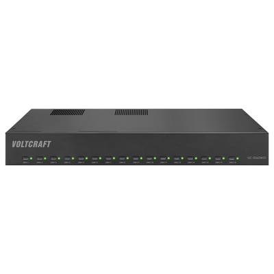 Vorderansicht eines schwarzen VOLTCRAFT UC-1000L Batterieladegeräts mit zehn Status-LEDs und verbundenen Ladesäätzen auf der Frontplatte.