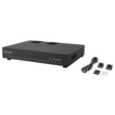 Schwarze VOLTCRAFT UC-1040W01 Rack-Montage-Ladeeinheit mit mehreren grünen Status-LEDs, plus Stromkabel und Montageklammern daneben gezeigt.