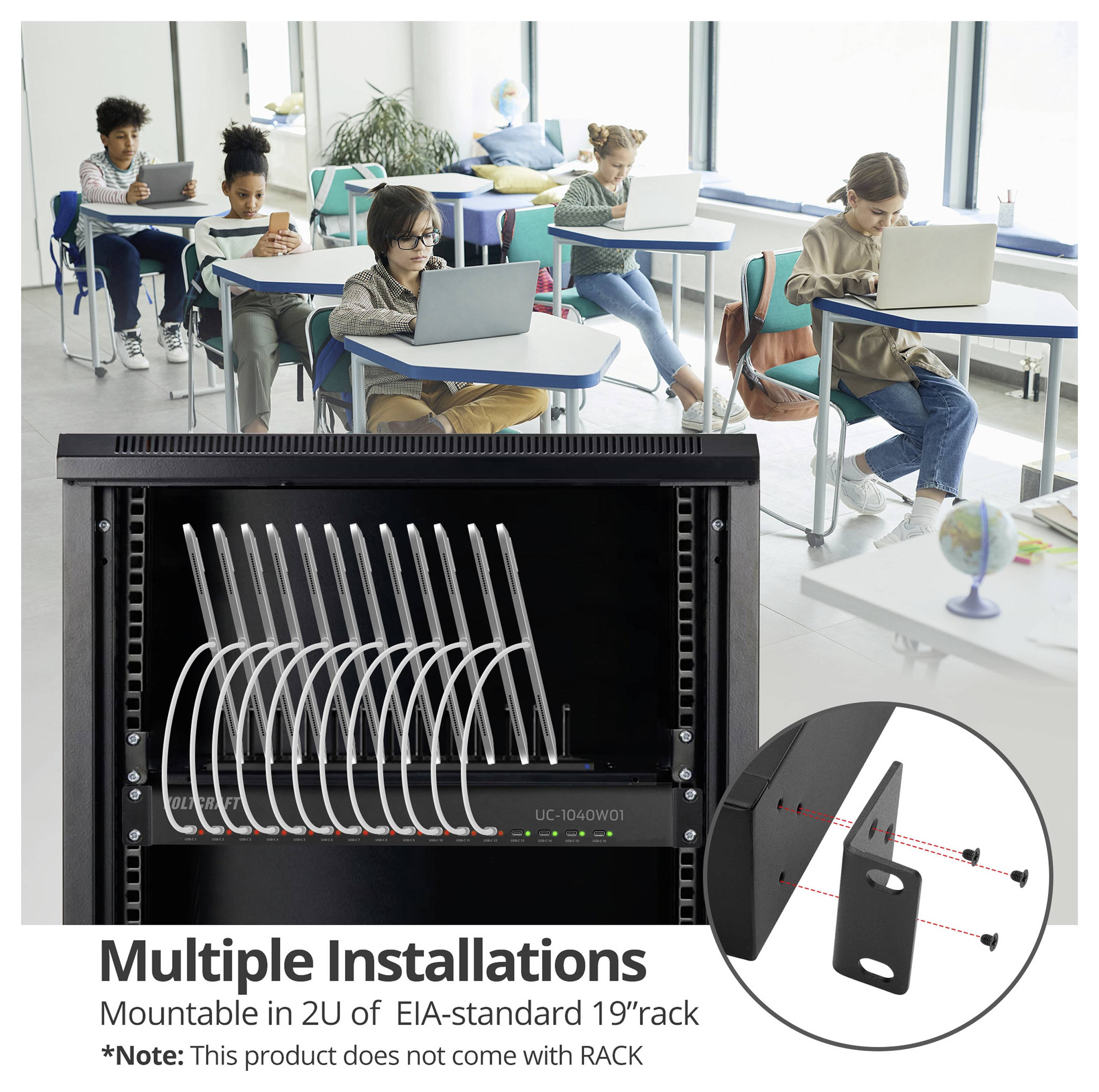 Klassenzimmer mit Schülern, die Laptops verwenden, und einem Rack-Mount-Gerät, das mehrere Tablets oder Laptops hält; die Einfügung zeigt eine Wandhalterung für die Installation in einem 1U/2U-Standard-19-Zoll-EIA-Rack.