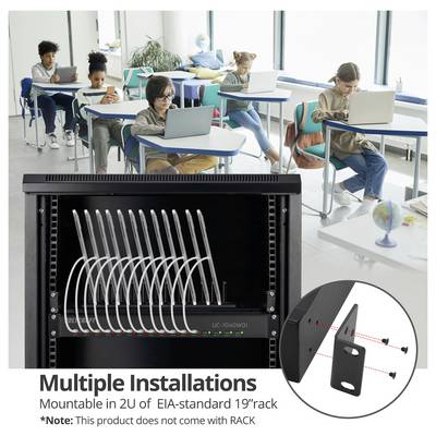 Klassenzimmer mit Schülern, die Laptops verwenden, und einem Rack-Mount-Gerät, das mehrere Tablets oder Laptops hält; die Einfügung zeigt eine Wandhalterung für die Installation in einem 1U/2U-Standard-19-Zoll-EIA-Rack.