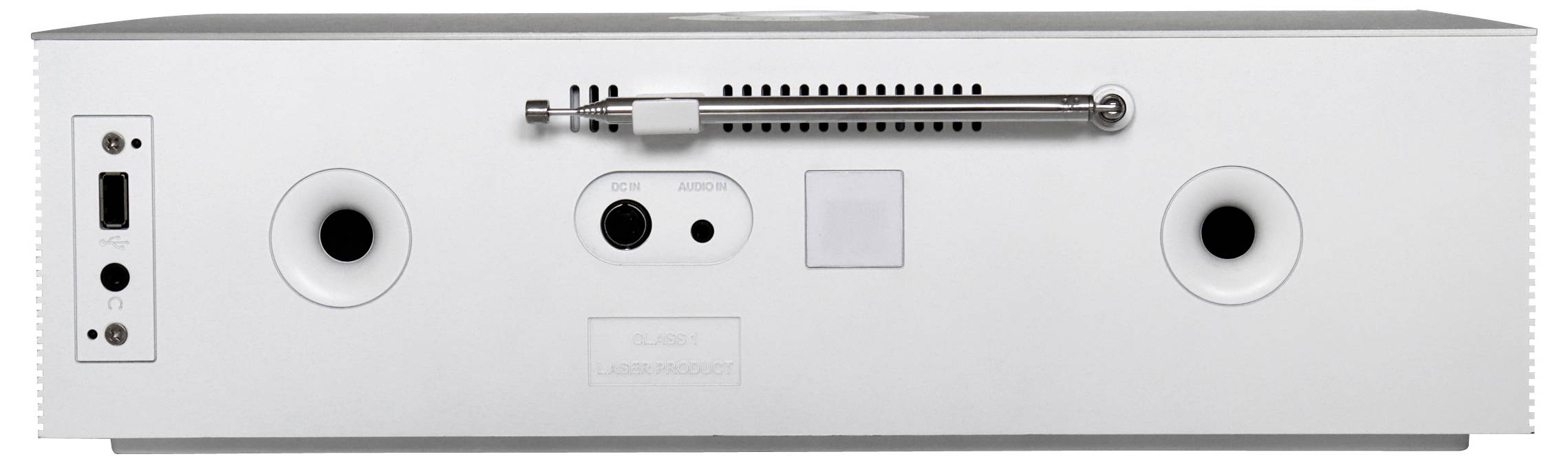 Silberne Desktop-Computer-Frontblende mit Stromversorgungs- und E/A-Anschlüssen, mit zentriertem Optisches-Laufwerk-Schacht in der Nähe der Oberseite.