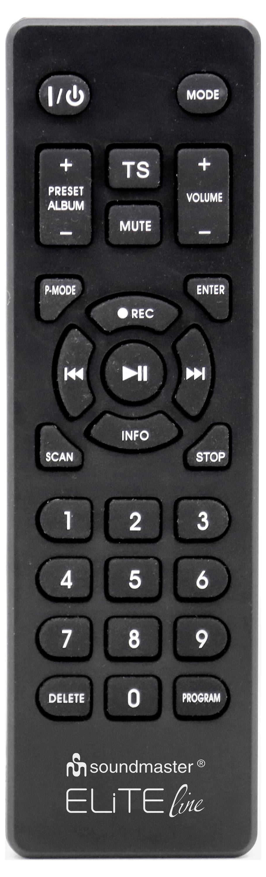 Schwarze Soundmaster ELITE-Fernbedienung mit Stromversorgung, Modus, Lautstärke, Medienwiedergabe, Aufnahme, Scan, Stopp, numerischer Tastatur und Funktionstastern.