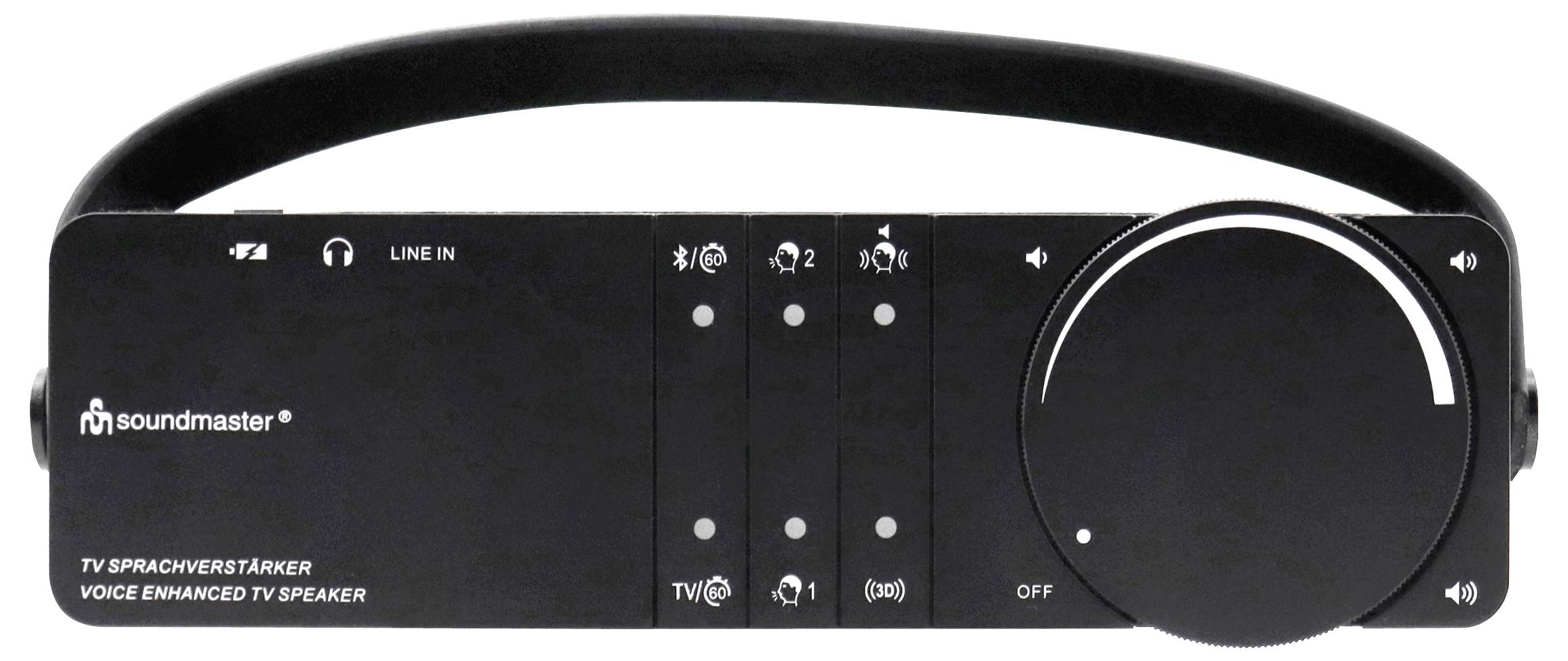 Black Soundmaster TV-Lautsprecher mit Sprachverbesserung/Verstärker mit Line-In, TV-/Kopfhörersteuerelementen und großem Lautstärkeregler mit der Bezeichnung „AUS".