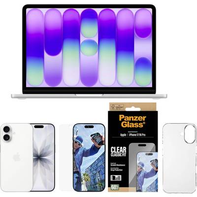 Apple-Laptop und iPhone-Reihe mit PanzerGlass Clear Classic Fit Displayschutzfolien-Verpackung und transparenten Handyhüllen auf weißem Hintergrund.