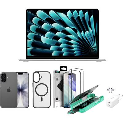 MacBook mit abstraktem blauem Hintergrundbild, plus iPhone, transparente Hülle, Displayschutzfolien, Tragetasche, grünes Zubehör, AirPods und Netzadapter-Zubehör.
