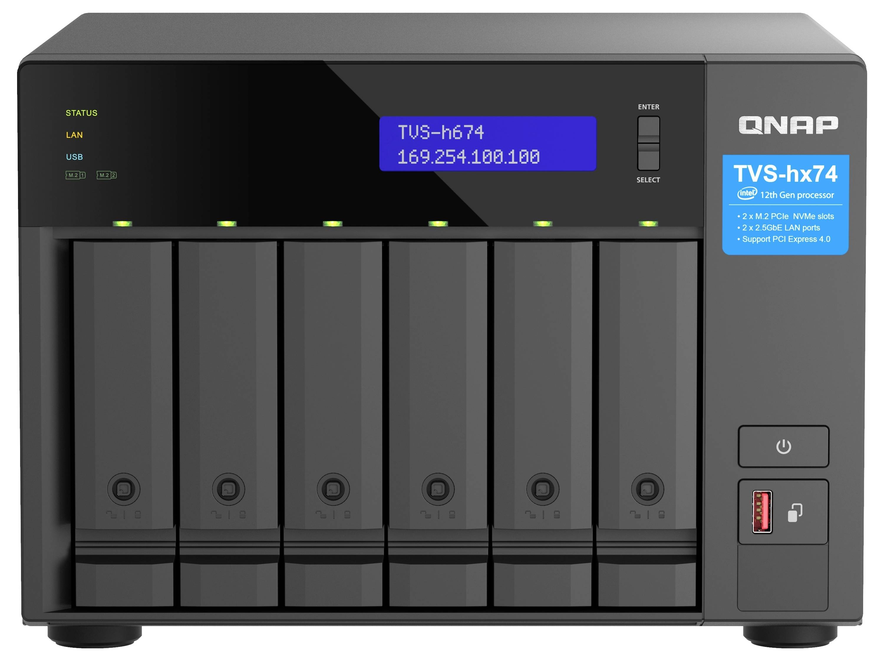 Frontansicht eines QNAP TVS-h74 Sechsfach-NAS-Speicherservers mit Statusanzeige und Laufwerkschächten.