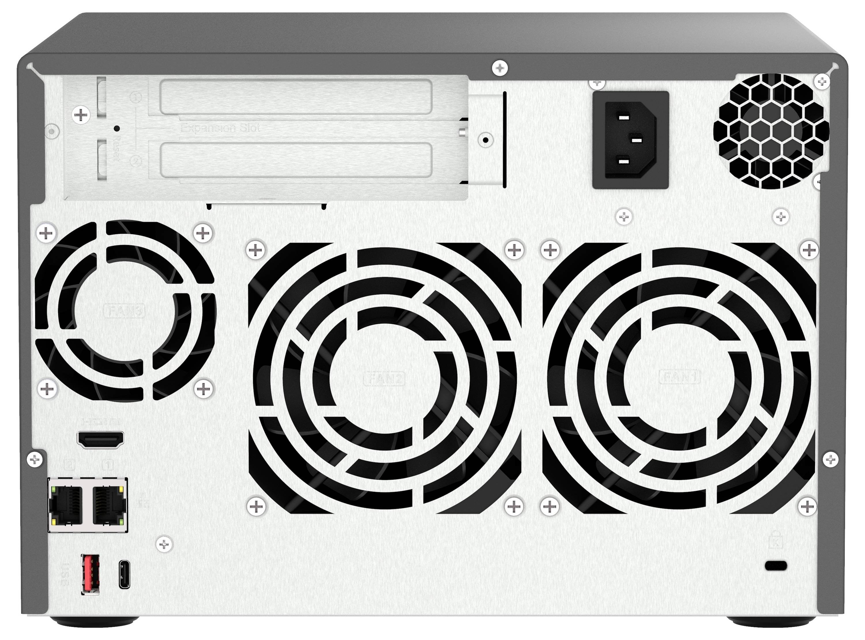 Rückansicht eines Desktop-Computer-Towers mit Lüftungsventilatoren, Stromsteckdose, Erweiterungsschächten und Anschlüssen für Stromversorgung und Netzwerkverbindungen.