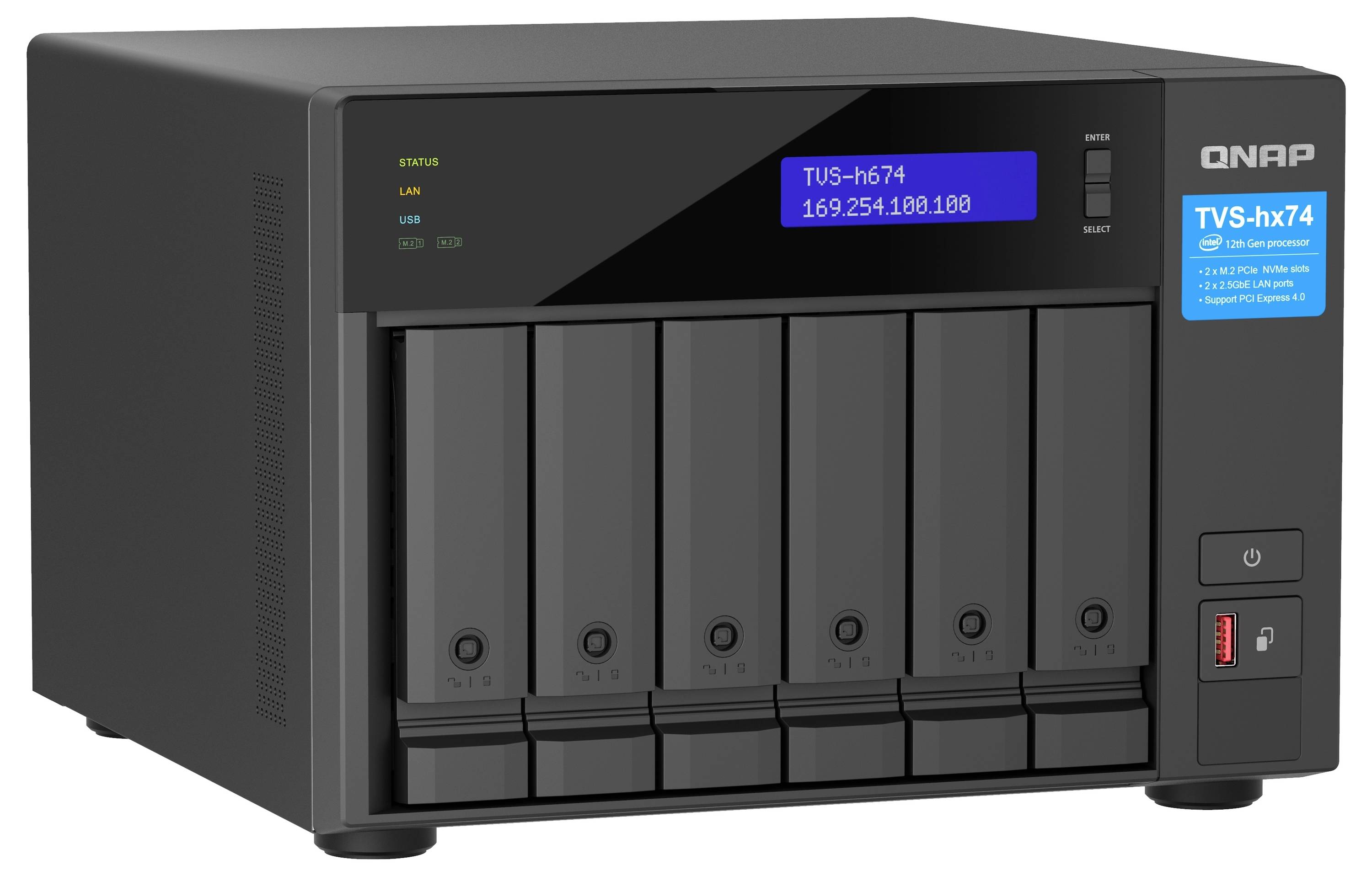 QNAP TVS-hx74 Sechs-Schacht-NAS-Server mit frontaler LCD-Statusanzeige und Laufwerk-Schachtabdeckungen