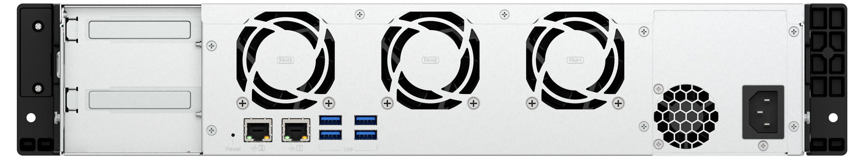 Rückansicht eines Servers oder Netzwerkgeräts mit drei Kühlventilatoren, vier Ethernet-/USB-Anschlüssen, einer Stromeingangsbuche und Rack-Montagegriffen.