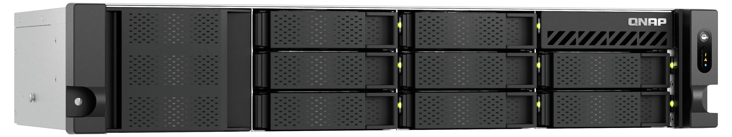 Vorderansicht eines QNAP Rack-Mount-Netzwerkspeichers mit acht Laufwerkschächten und Statusleuchten.