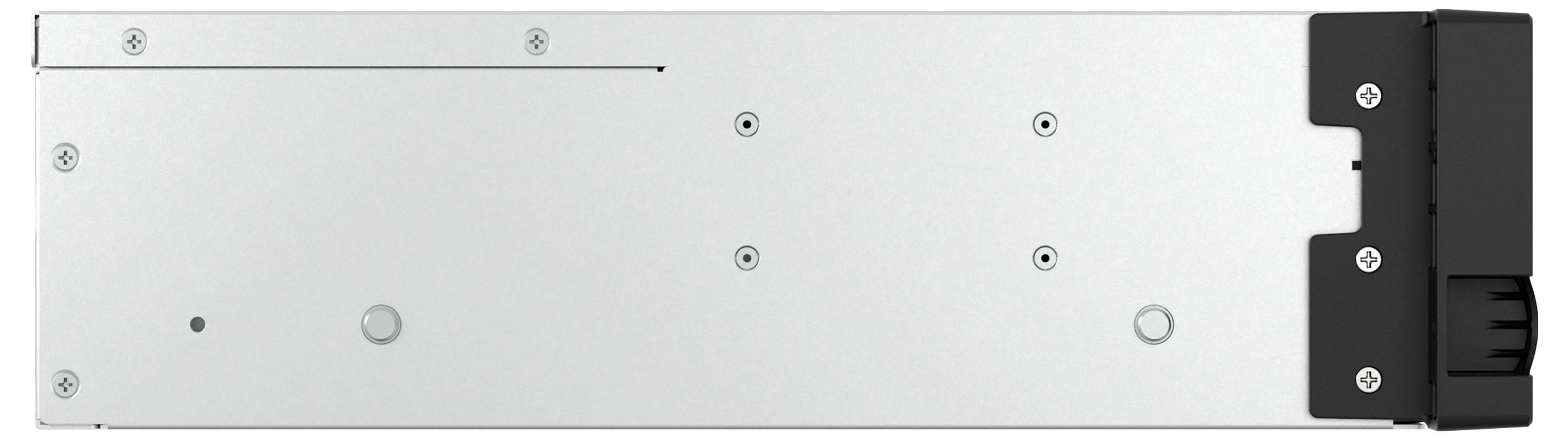 Nahaufnahme eines silbernen Metallgehäuses mit rechteckiger Form, Schrauben und einem schwarzen Steckmodul auf der rechten Seite.
