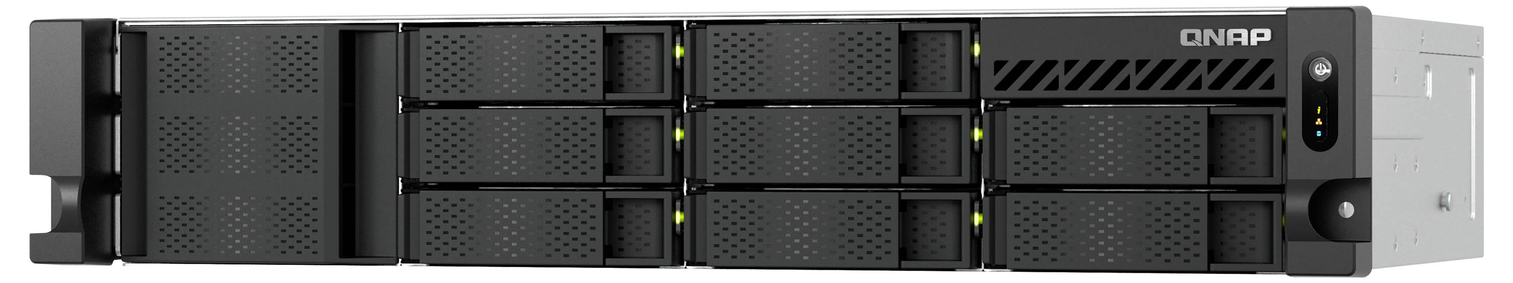Frontansicht eines QNAP-Rack-NAS-Speicherservers mit mehreren austauschbaren Laufwerkschächten und Statusleuchten.