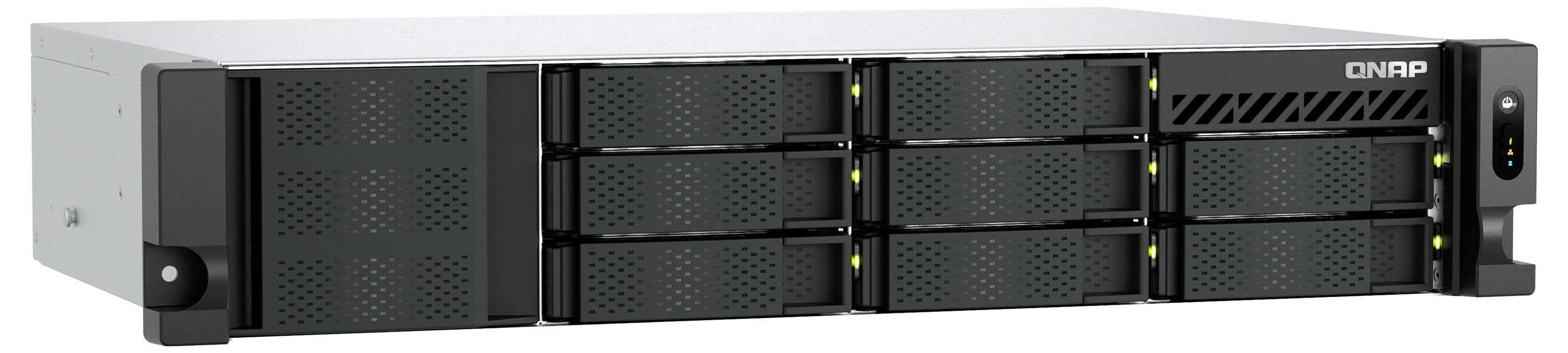 Vorderansicht eines QNAP-Rackmount-Speicherservers mit 12 Laufwerkschächten, Statusleuchten und zwei vorderen Griffen.