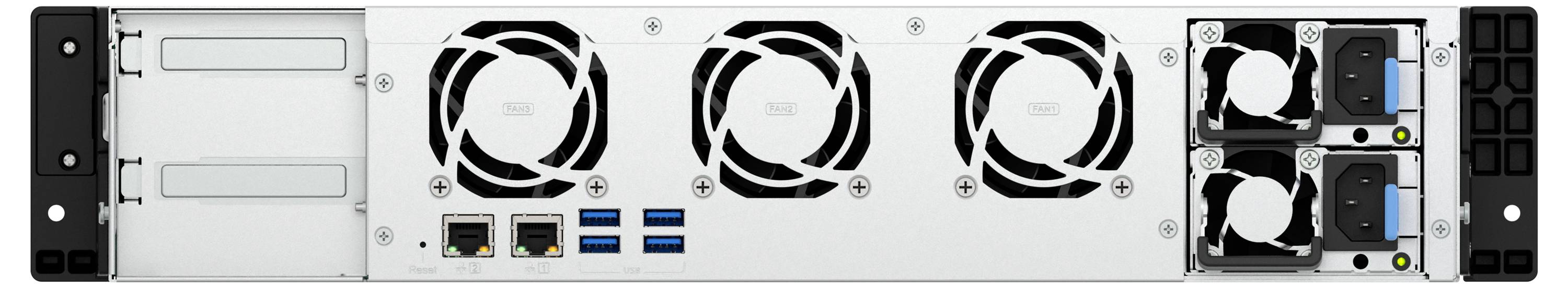 Rückansicht eines Rack-Mount-Servers mit drei großen Kühlungsventilatorent, Netzwerk- und USB-Anschlüssen, zwei Stromversorgungsmodulen und Rack-Ohren.