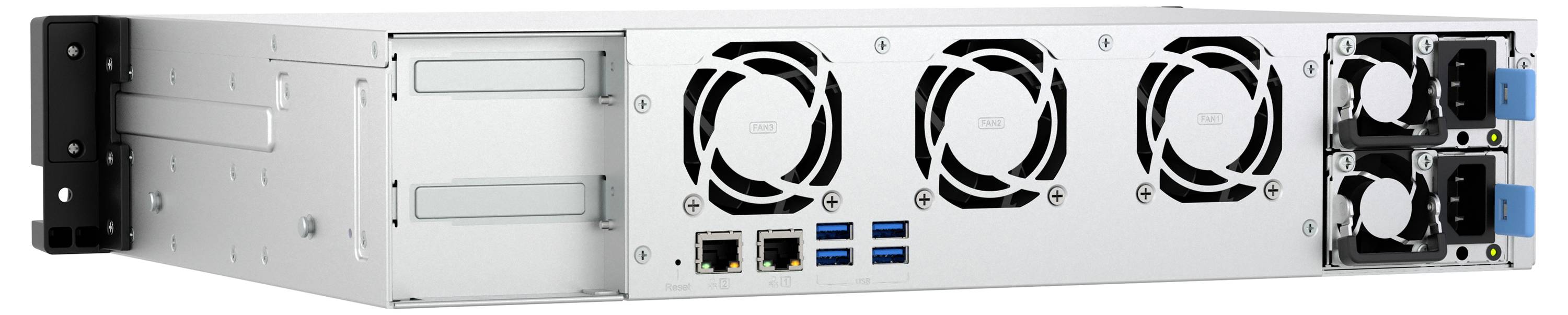 Rückansicht einer Rackserver- oder Speichereinheit mit mehreren Kühlventilatoren, USB- und Ethernet-Anschlüssen sowie Hot-Swap-Festplattenschächten.
