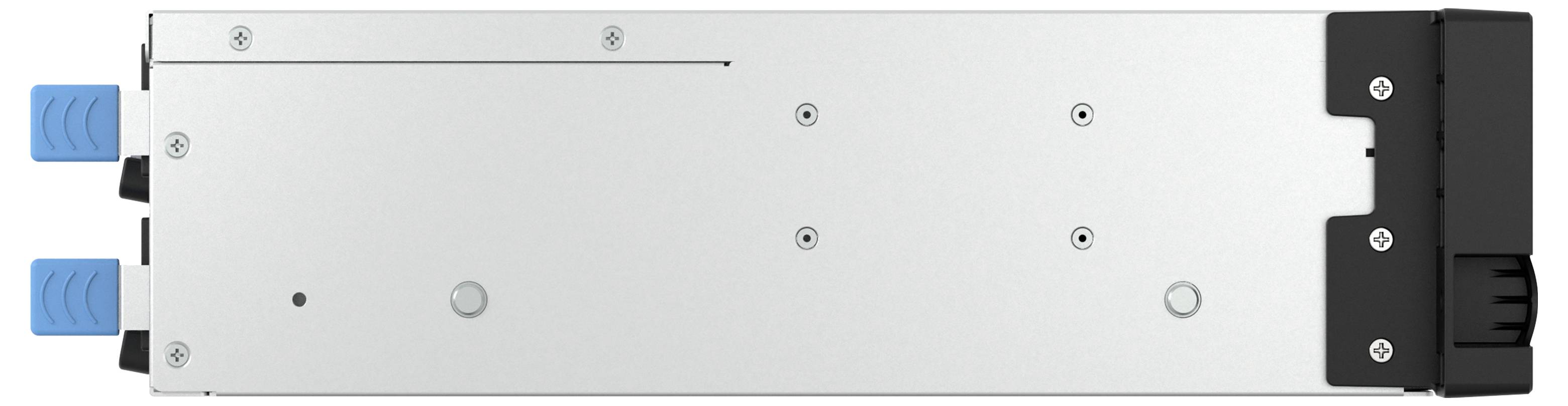 Seitenansicht eines silbernen rechteckigen elektronischen Geräts mit zwei blauen Steckern auf der linken Seite und einer schwarzen Endkappe auf der rechten Seite.