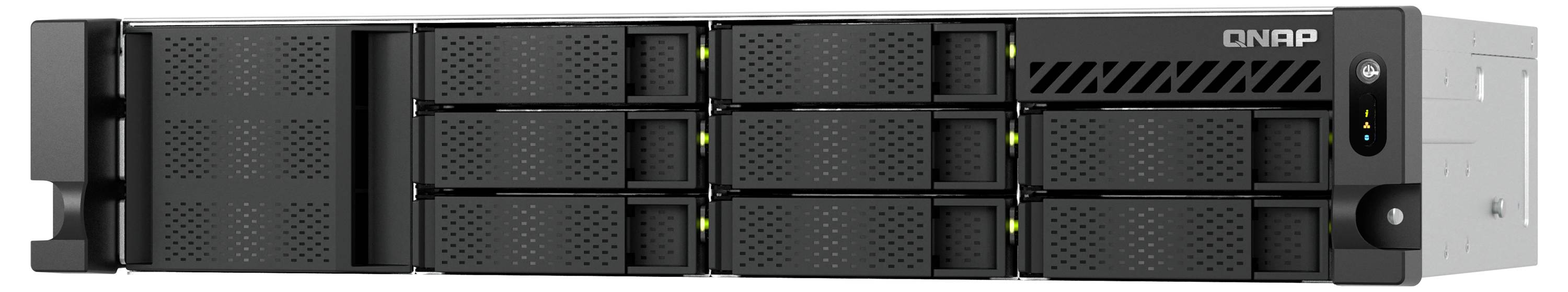 Frontansicht eines QNAP-Rack-NAS-Speicherservers mit mehreren austauschbaren Festplattenschächten und Statusanzeigen.