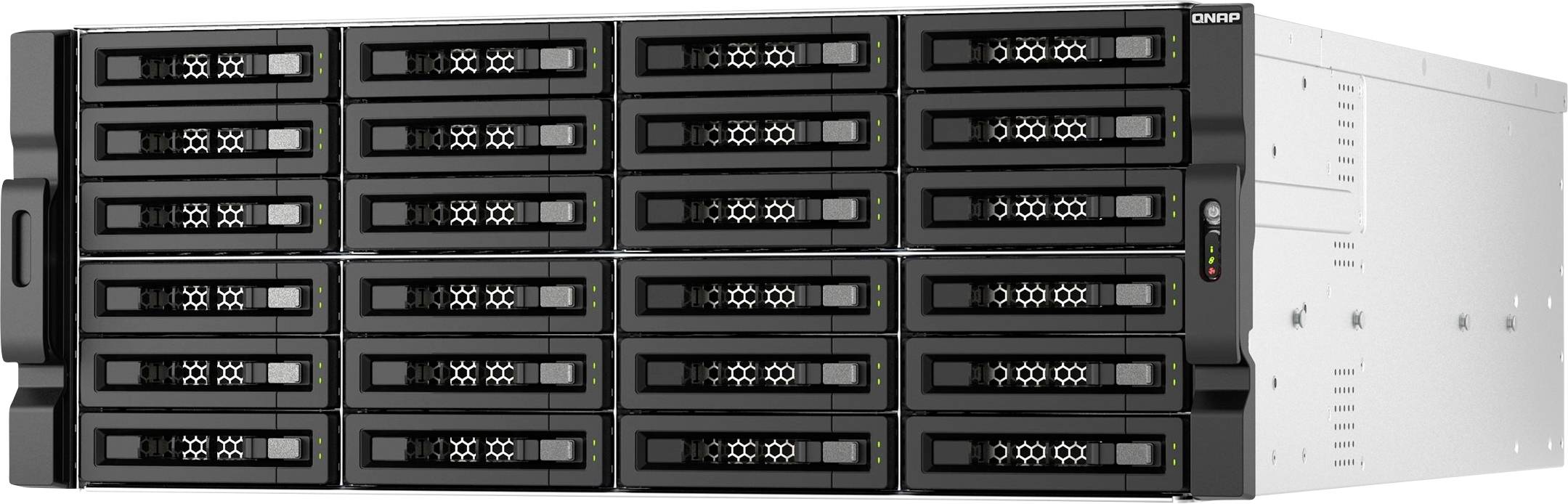 Vorderansicht eines QNAP Rack-Mount-Speicherservers mit mehreren Hot-Swap-Festplattenschächten und Statusleuchten, dargestellt in schwarzem und silbernem Gehäuse.