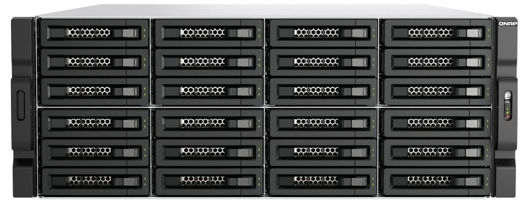 Frontansicht eines schwarzen QNAP-Rack-Speicherservers mit 16 Hot-Swap-Laufwerkschächten und Statusleuchten, verwendet für Netzwerk-Datenspeicherung.