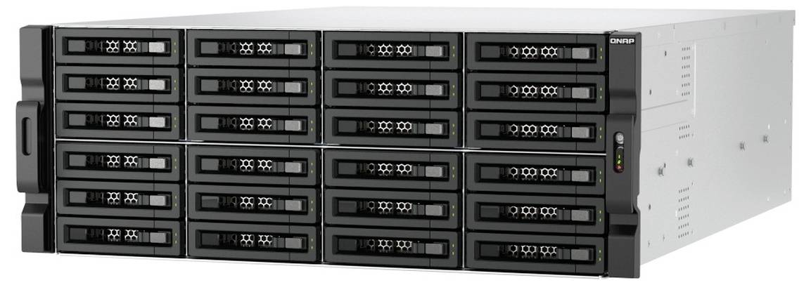 Vorderansicht eines schwarzen gestaffelten Speicherservers mit mehreren austauschbaren Festplattenschächten und Statusleuchten, dargestellt in einer weißen Chassisseiten-ansicht.