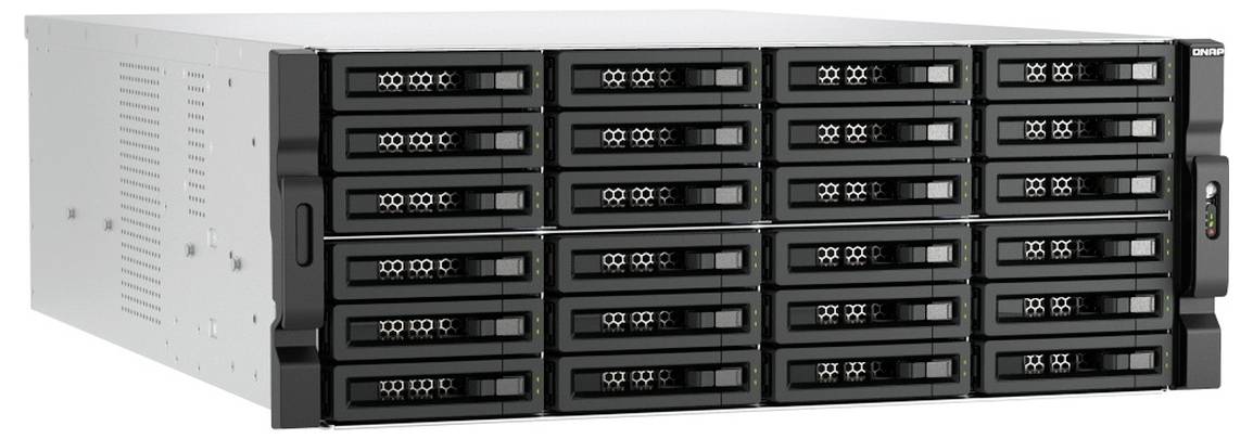Vorderansicht eines großen Rack-Mount-Speicherservers mit vielen austauschbaren Laufwerkschächten in einem schwarzen Gehäuse und seitlichem Griff.