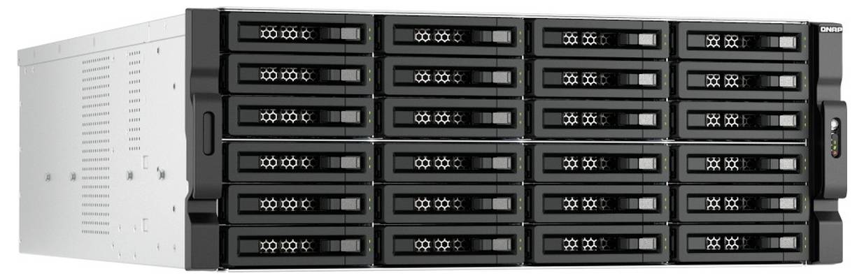 Vorderansicht eines Rack-montierten Speicherservers mit mehreren Hot-Swap-Laufwerkschächten und Status-LEDs, die ein großes Enterprise-Datenspeicher-Gerät zeigt.