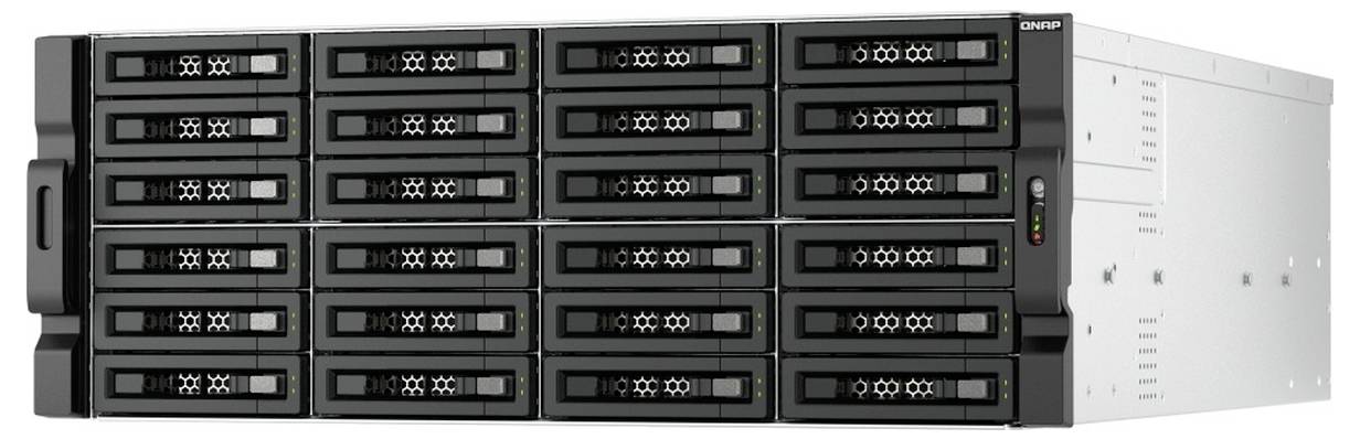 Vorderansicht eines schwarzen Rack-Mount-Speicherservers mit vielen Hot-Swap-Laufwerkschächten, seitlichem Griff und Statusleuchten, dargestellt auf weißem Hintergrund.