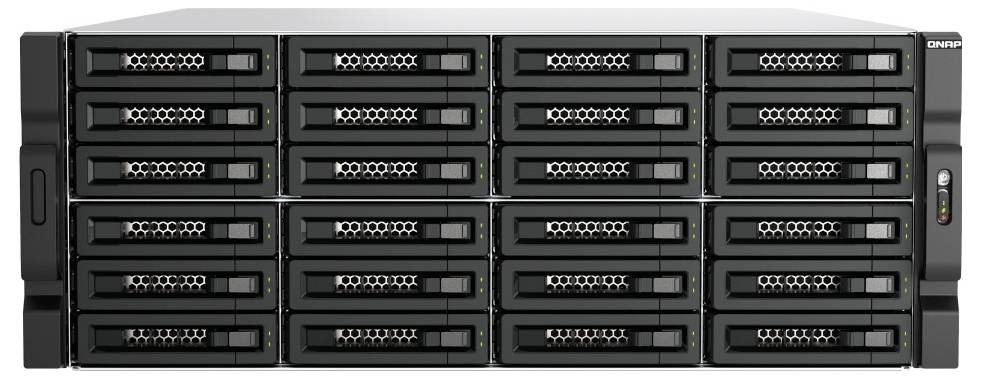 Frontansicht eines Rack-Mount-Speicherservers mit 24 Hot-Swap-Laufwerkschächten und Statusleuchten auf der rechten Seite.