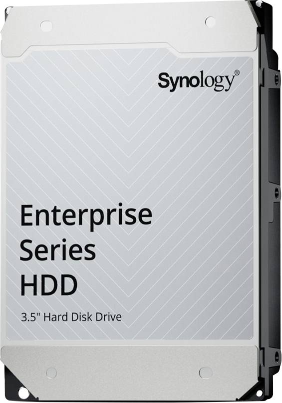 Synology Enterprise Series HDD 3,5-Zoll-Festplatte in einer produktstilisierten Nahaufnahme dargestellt.