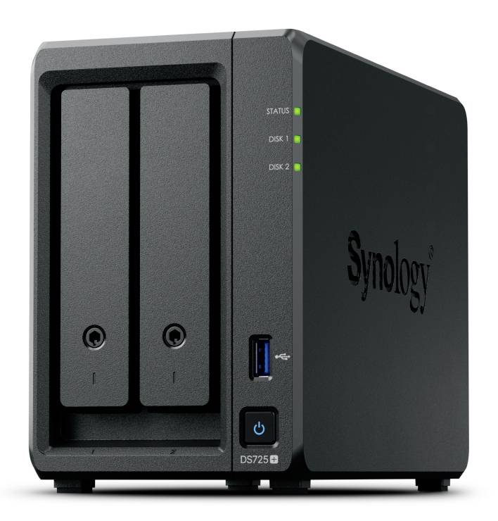 Synology DS725+ NAS mit zwei Laufwerkschächten, Statusleuchten, USB-Anschluss und Stromschalter auf der Vorderseite.