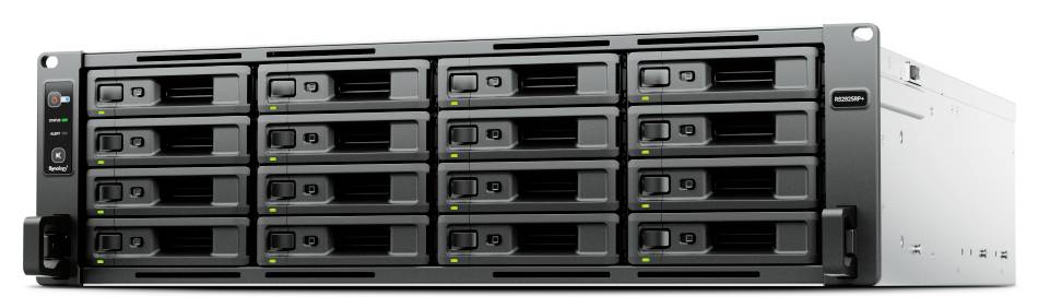Frontansicht einer rackgestützten Server-Speichereinheit mit mehreren Hot-Swap-Laufwerk-Schächten und Statusanzeigen auf der linken Seite.