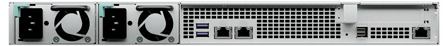 Vorderansicht eines Rack-montierten Netzwerkgeräts mit zwei Hot-Swap-Netzteilen auf der linken Seite, Lüftungsgitter, zwei USB-Anschlüssen, zwei Ethernet-Anschlüssen und Status-LEDs.