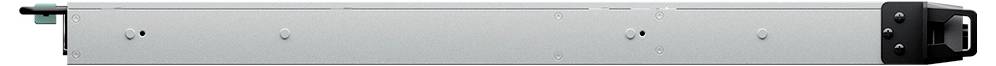 Seitenansicht eines silbernen Rack-Server-Gehäuses mit schwarzem Front- und Rückpanel.
