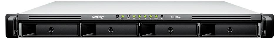 Vorderansicht eines Synology Rackmount-NAS-Servers mit vier Hot-Swap-Laufwerkschächten und Statusleuchten auf der Frontplatte.
