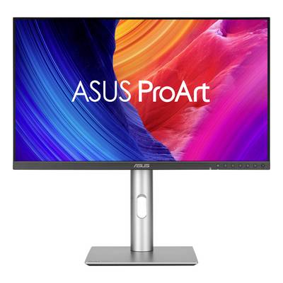 ASUS ProArt Monitor auf einem Ständer, zeigt eine farbenfrohe abstrakte Anzeige mit dem Logo „ASUS ProArt".