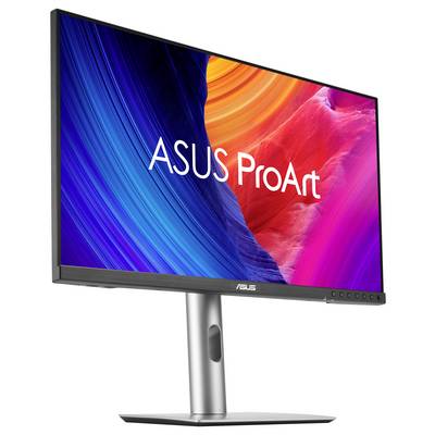ASUS ProArt Desktop-Monitor mit farbenfrohem abstraktem Display und verstellbarem Ständer, dargestellt vor weißem Hintergrund.