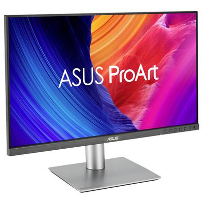 ASUS ProArt Desktopmonitor, schräg auf einem Ständer angezeigt, mit farbenfrohem abstraktem blauem, rotem und rosa Anzeigeformat und ASUS-Logo auf der Blende.