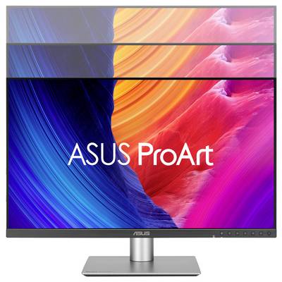 ASUS ProArt Monitor zeigt ein farbenfrohe abstrakte Wirbel-Hintergrundbild mit dem ASUS-Logo in der Bildschirmmitte an.