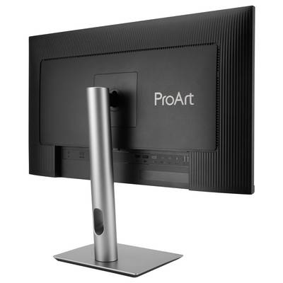 Rückansicht eines schwarzen ASUS ProArt-Monitors auf einem silbernen Ständer, das zeigt das verstellbare Rückenpanel und das minimalistische Design.