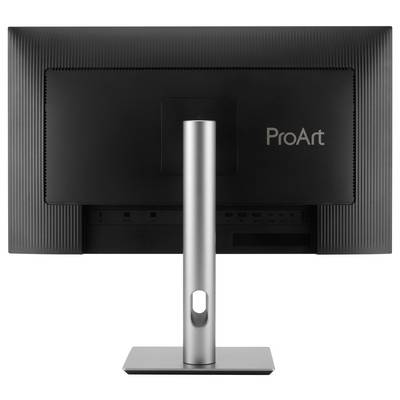 Rückansicht eines schwarzen ASUS ProArt Monitors auf einem silbernen Ständer, der die mittig angebrachte Halterung und die rechteckige Basis zeigt.